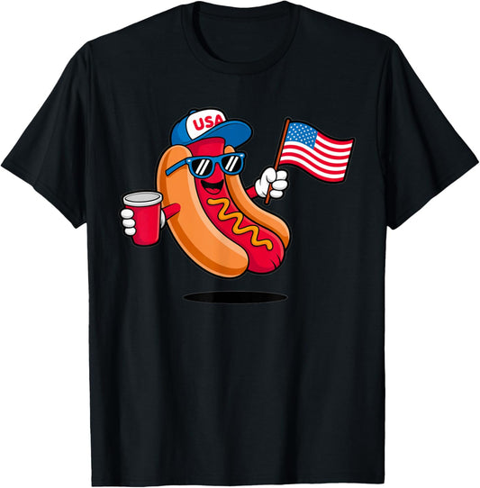 4th of July Hotdog Funny Fourth of July Patriotic USA Flag T-Shirt