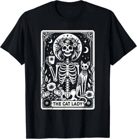 The Cat Lady Tarot Cards Skeleton Coffee Cat Tarot Card T-Shirt