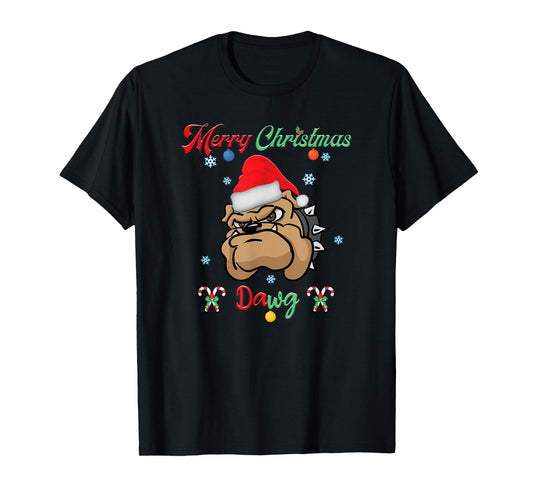 Merry Christmas Dawg Bulldog Santa Hat Xmas Winter Snowflake T-Shirt for Men Women Kids