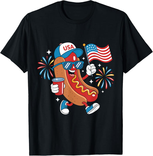 4th of July Hotdog Funny Fourth of July Patriotic USA Flag T-Shirt