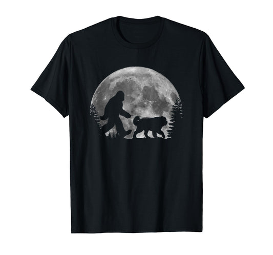 Bigfoot Walking a Dog Funny St. Bernard Lover Moon Halloween T-Shirt for Men Women Kids