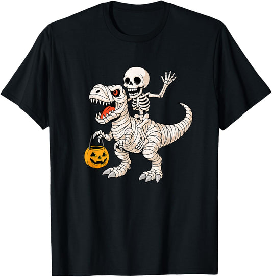 Mummy Dinosaur with Skeleton Rider Halloween T-Shirt