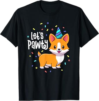 Lets Pawty Birthday Corgi Outfit Kid Dog Themed Party T-Shirt