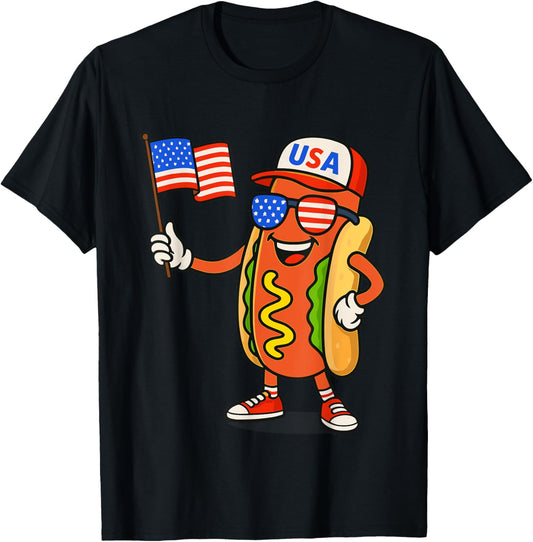 4th of July Hotdog Funny Fourth of July Patriotic USA Flag T-Shirt
