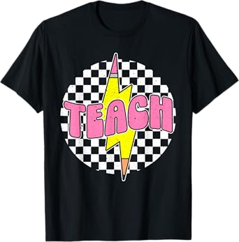 Checkered Teach Pencil Lightning Bolt Back To School Womens T-Shirt