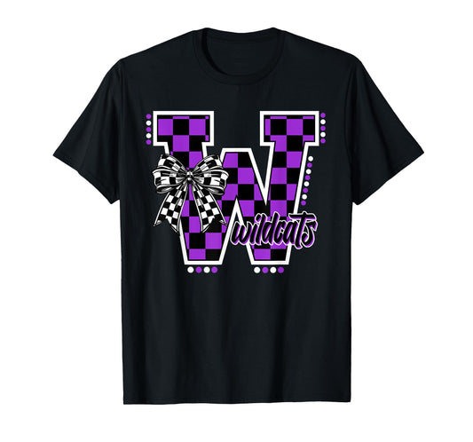 Wildcats Checkered Letter Purple Wildcat Pride School Spirit T-Shirt