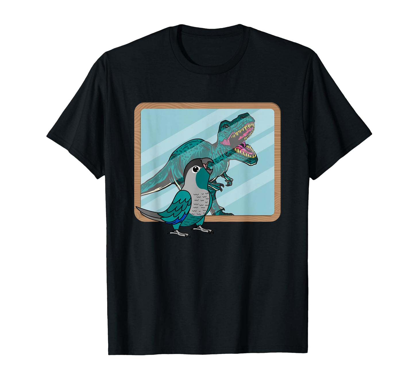 Funny Birds Gifts for Birders and Bird Breeders Parrot & T Rex Reflection I Turquoise Green Cheek Conure T-Shirt