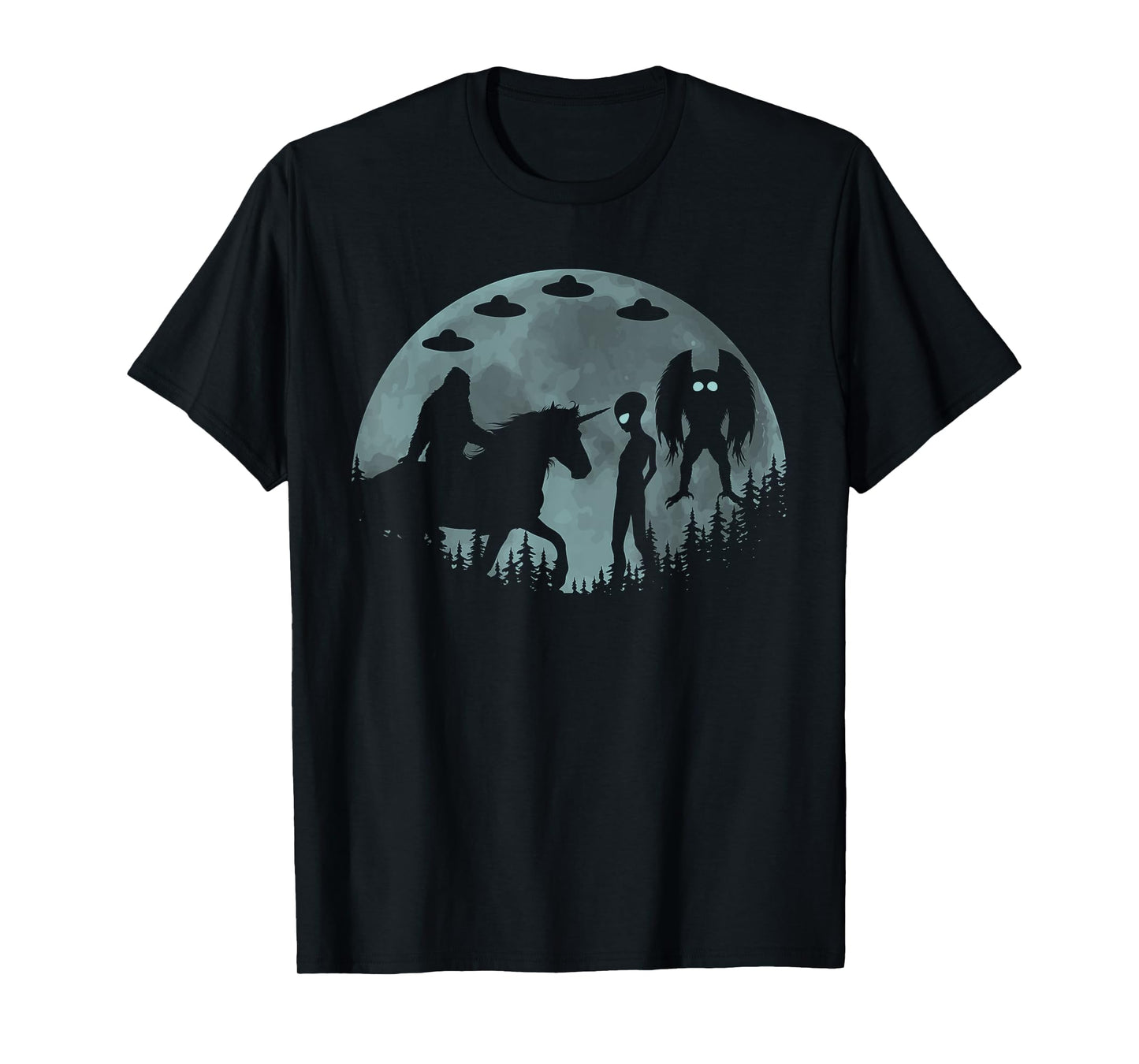Bigfoot Riding Unicorn Funny Sasquatch Ufo Mothman And Alien T-Shirt