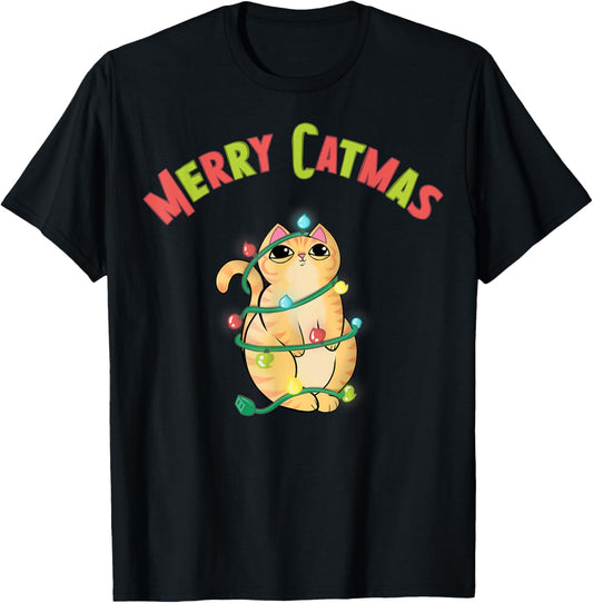 Merry Catmas Orange Tabby Cat wrapped in Christmas Lights T-Shirt