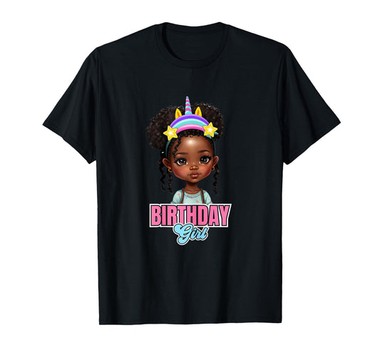 Kids Black Girl Birthday Melanin Kids Afro Puff Unicorn Girl T-Shirt