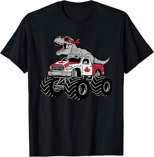 Funny T-rex Monster Truck Flag Canada Day 1st July Boys Kids T-Shirt