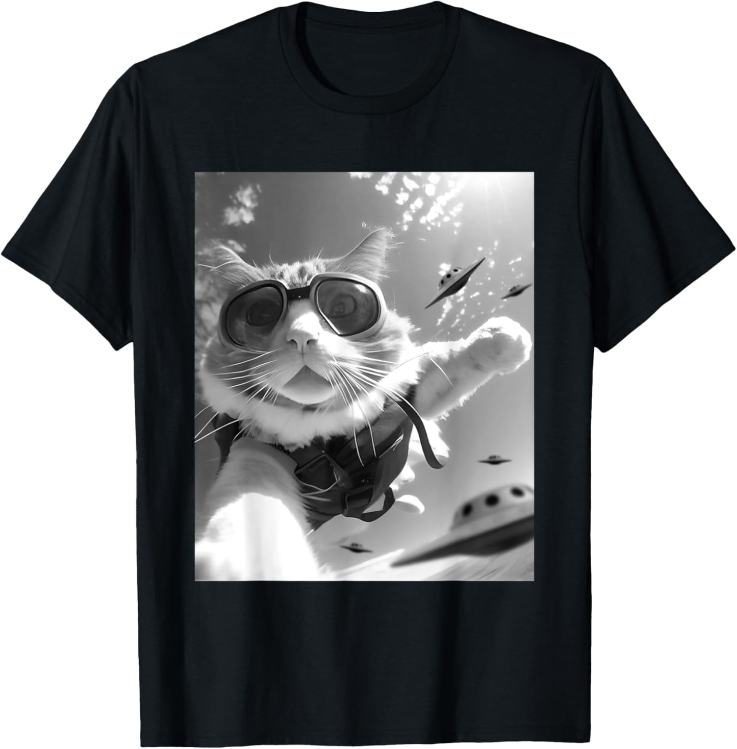 Funny Skydiving Cat Selfie with Alien UFOs T-Shirt