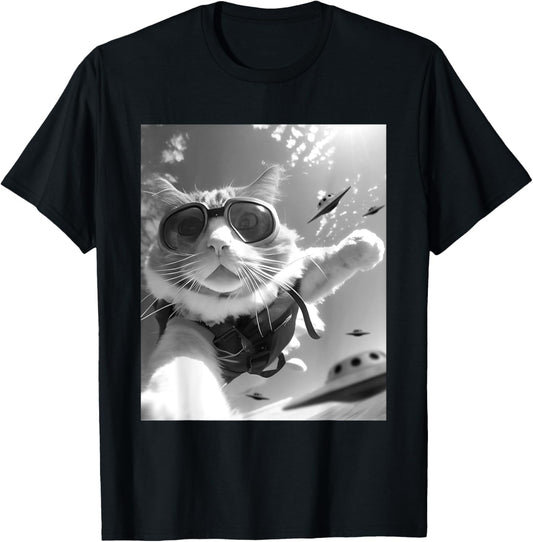 Funny Skydiving Cat Selfie with Alien UFOs T-Shirt