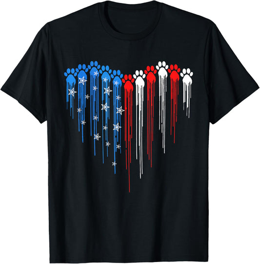 Dripping Heart Dog Paw 4th Of July USA Flag Dog Paw Print T-Shirt