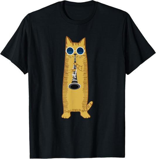 Cool Cat Playing The Clarinet Design Hippy Hipster Kitty T-Shirt