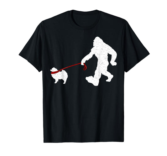 Funny Bigfoot Walking With Keeshond Dog Gifts T-Shirt