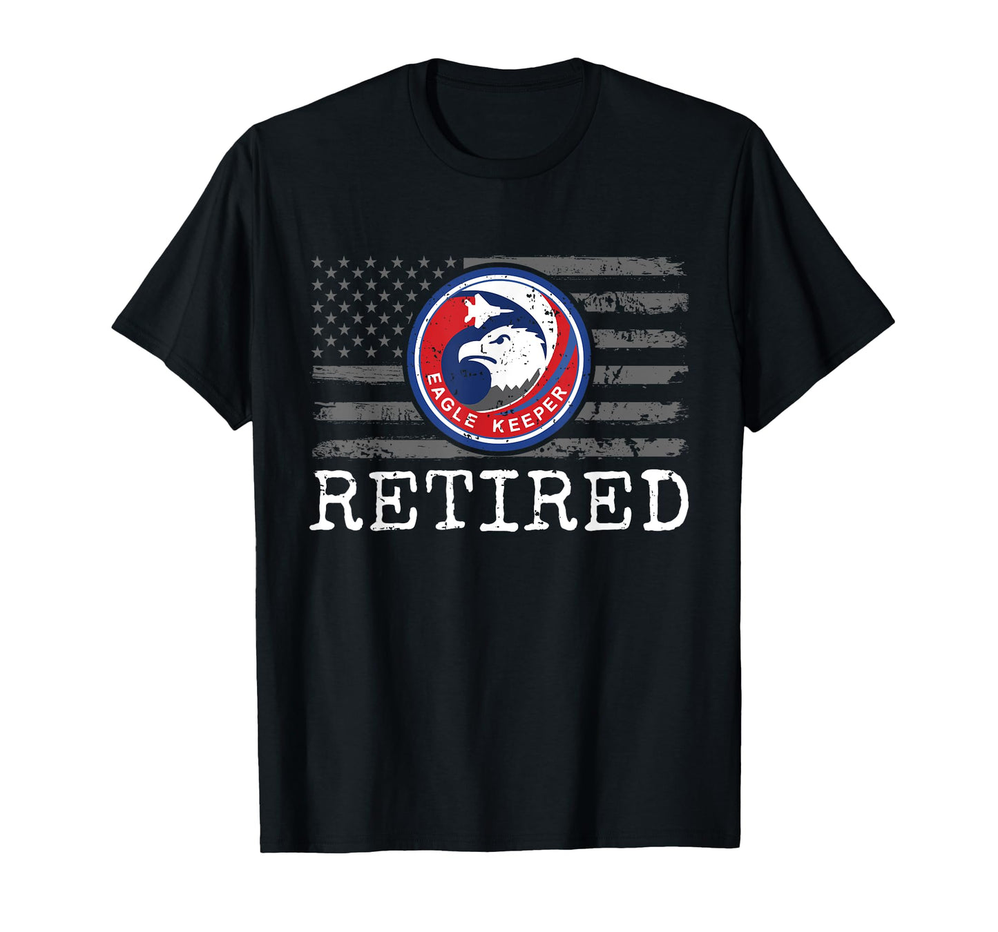 USAF F-15 Eagle Keeper Patch stamped Retired on US Flag T-Shirt