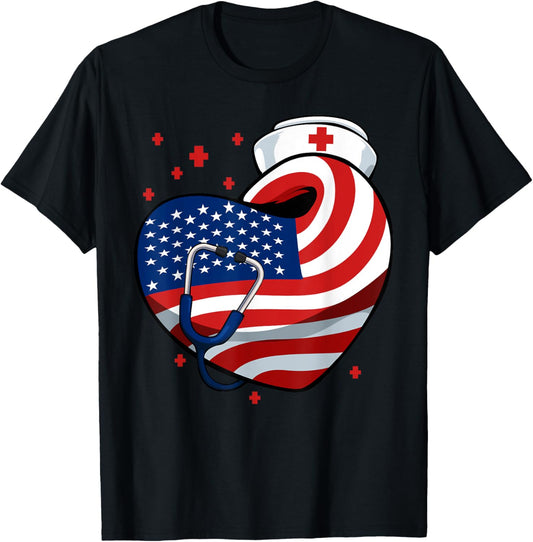 Patriotic Nurse 4th Of July American Flag Heart Stethoscope T-Shirt
