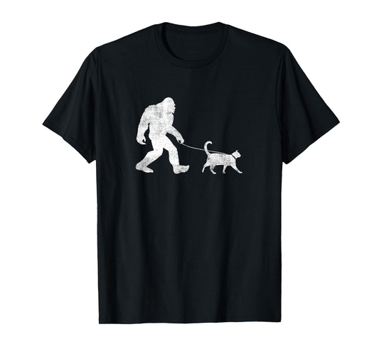 Funny Bigfoot Walking a Cat T-Shirt Sasquatch Yeti Cat T-Shirt