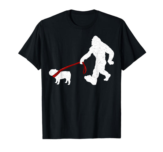 Funny Bigfoot Walking With Bulldog Dog Gifts T-Shirt