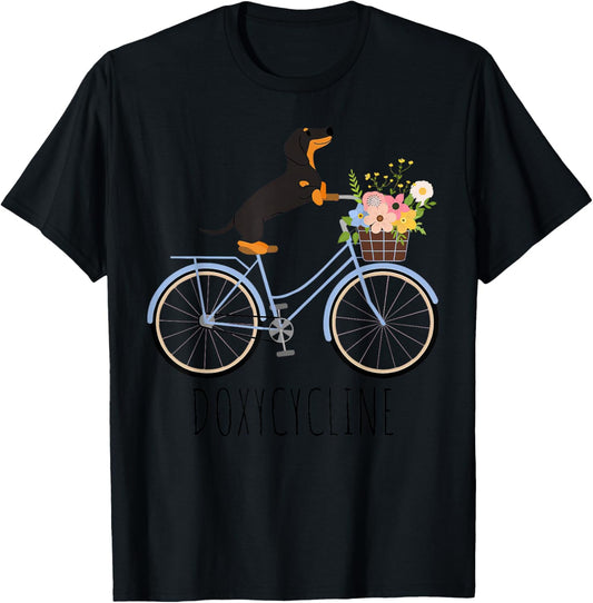 Doxycycline Pharmacy Pun Funny Dachshund on Bicycle Flower T-Shirt
