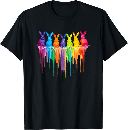 Vibrant Rainbow Bunnies Dripping Colors Easter T-Shirt