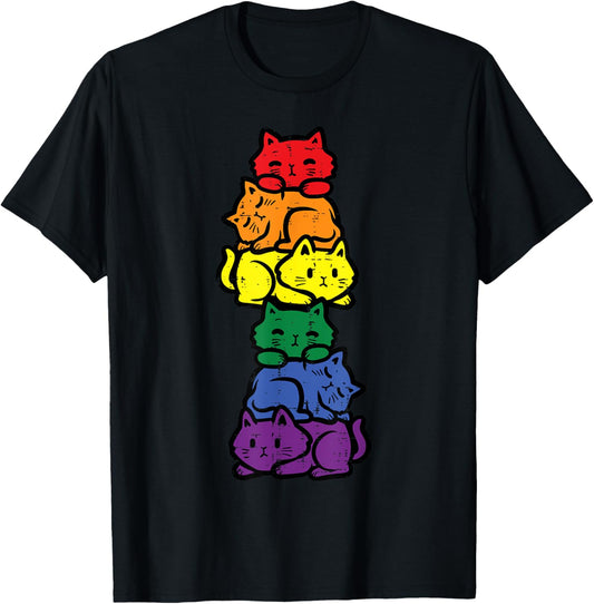 Gay Pride Cat Stack Rainbow Flag Lgbt Anime Men Women Kids T-Shirt