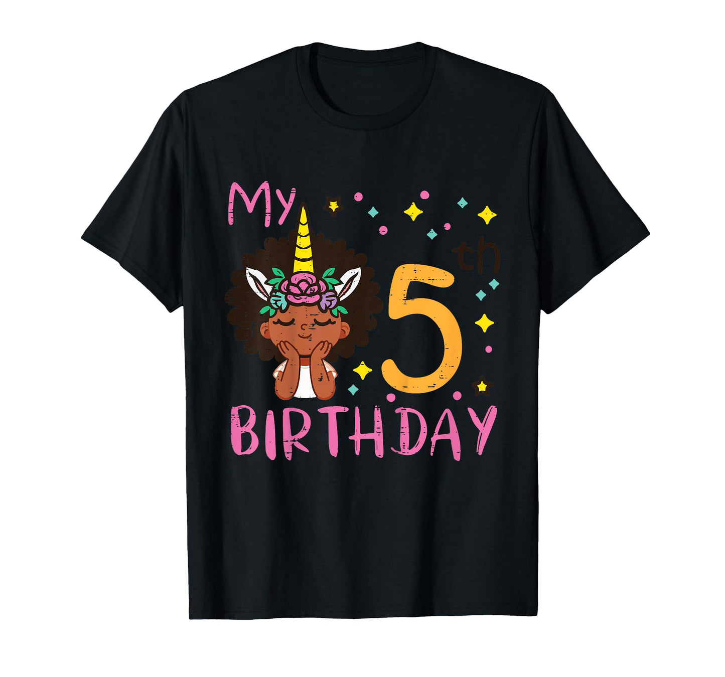 5th Birthday Afro Black Girl Unicorn 5 Year Old Bday Girls T-Shirt