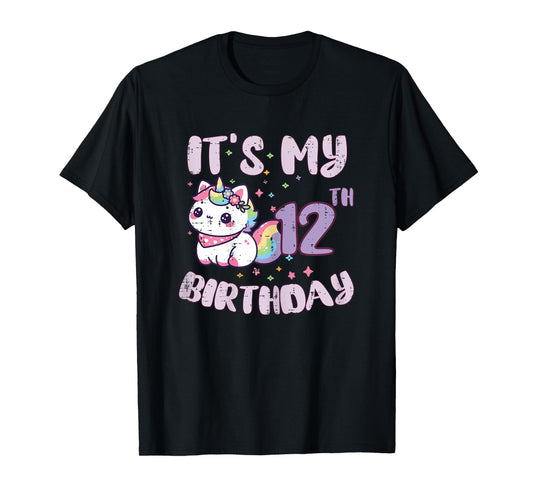 Its My 12th Birthday Unicorn Cat 12 Year Old Bday Girls Kids T-Shirt