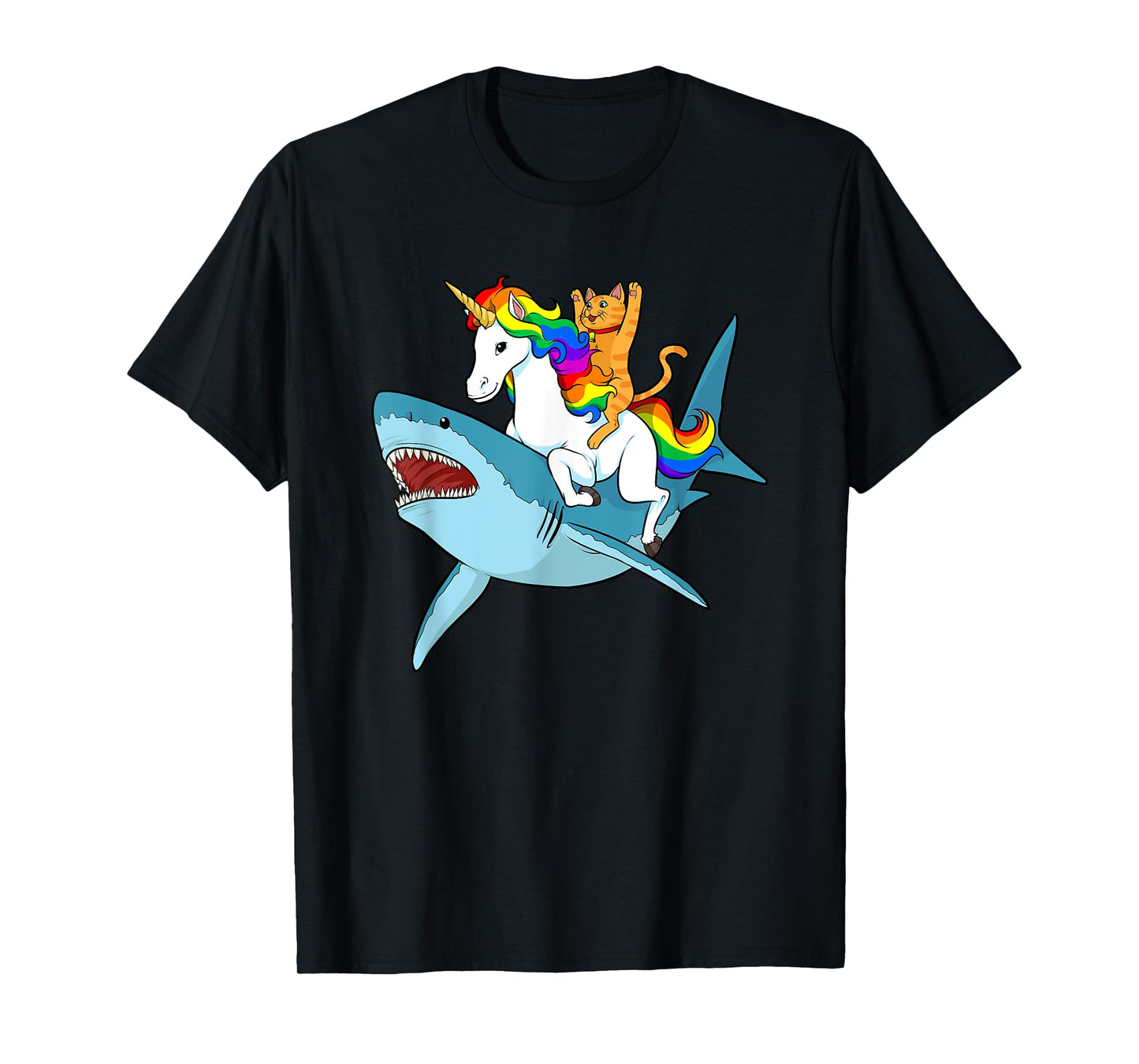 Cat Riding Unicorn Riding Shark Design T-Shirt