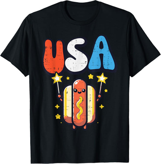 4th Of July Hotdog USA Retro Groovy Patriot Women Men Kids T-Shirt