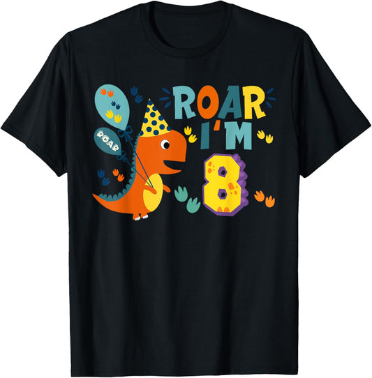 Roar I'm 8 8th Birthday T Rex Dinosaur Party Gift for Boys T-Shirt