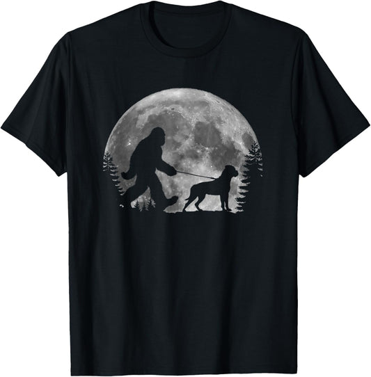 Bigfoot Walking a Dog Funny Bull Mastiff Moon Halloween T-Shirt