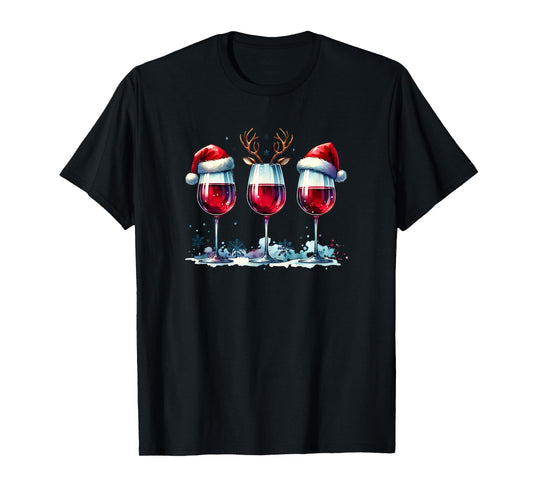 Christmas Wine Lover Reindeer Santa Hat Xmas Wine Womens T-Shirt