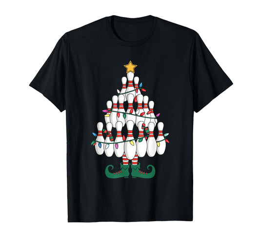 Bowling Elves Pin Strike Christmas Tree Lights Xmas Party T-Shirt