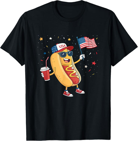 4th of July Hotdog Funny Fourth of July Patriotic USA Flag T-Shirt