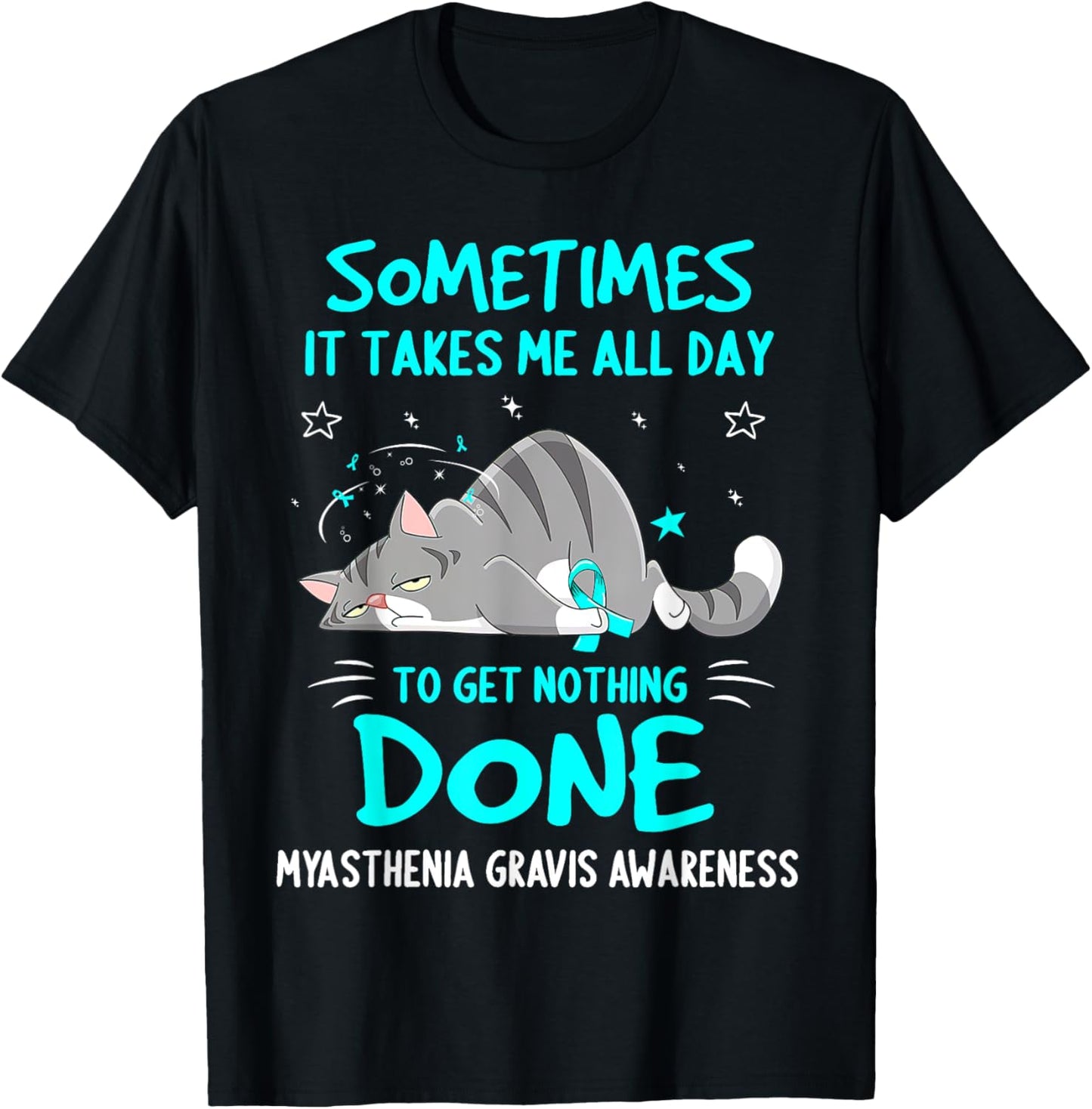 Cat Ribbon T-Shirt - Myasthenia Gravis Awareness - Kids, Unisex - Short Sleeve - Black - Small