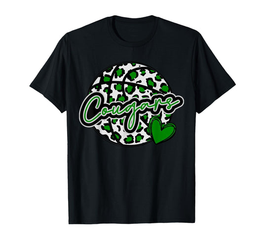 Leopard Cheetah Basketball COUGARS Green Spirit Game Tee T-Shirt