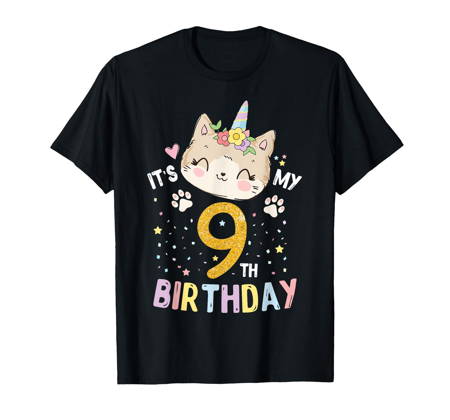 It’s My 9th Birthday Cute Unicorn Cat 9-Year-Old Girl T-Shirt