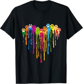 Funny Colorful Dog Paw Heart Cute Cat Design For Women Men T-Shirt