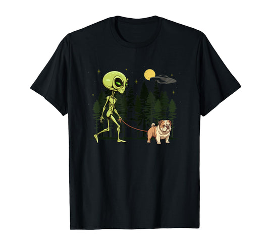Funny English Bulldog Alien Walking UFO Pet Dog Mom Dad T-Shirt