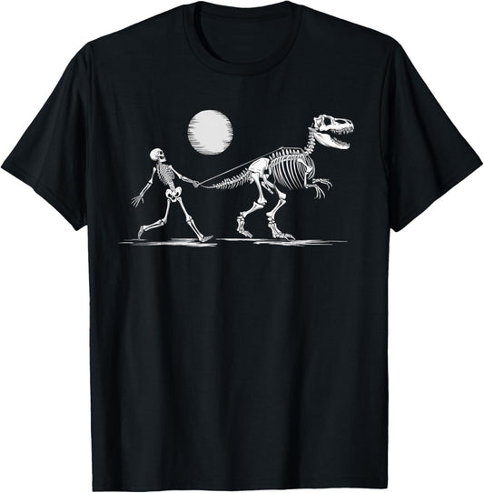 Funny Skeleton T-Rex Boys Girls Skeleton Walking a Dinosaur T-Shirt