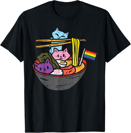 Rainbow Flag Cats Ramen Anime Gay Pride Month LGBTQ Ally T-Shirt