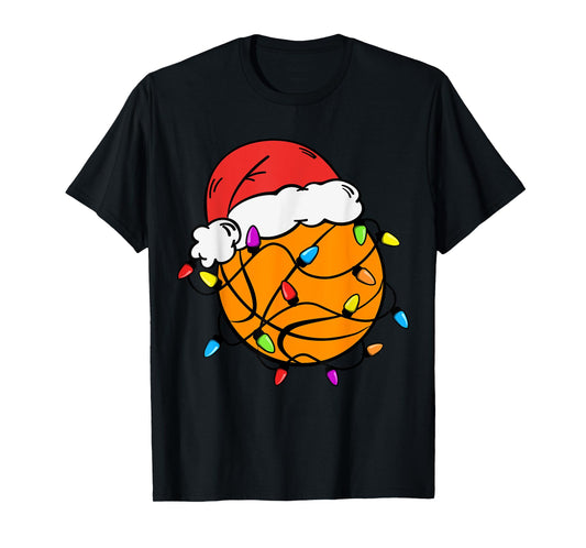 Basketball Santa Claus Hat Christmas Light Xmas Boys Kids T-Shirt