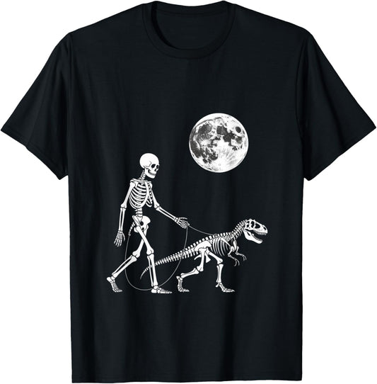 Skeleton Riding Dinosaur T Rex Halloween Glow Vibe Design T-Shirt