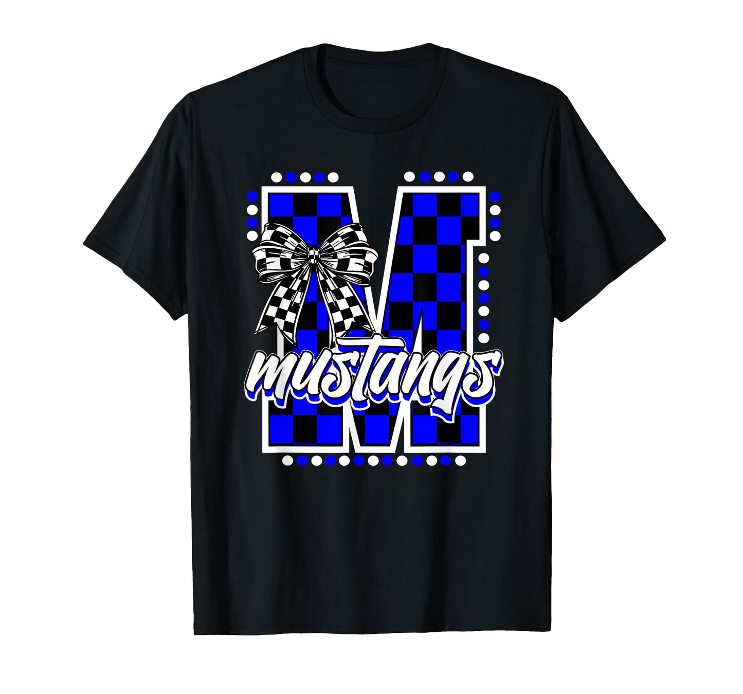 Blue Mustangs Checkered Print Coquette Bow School Mascot T-Shirt