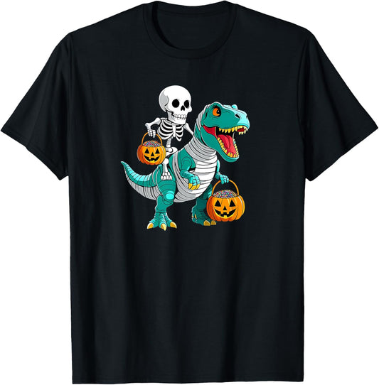 funny Skeleton Riding Mummy Dinosaur T-rex Halloween Pumpkin T-Shirt