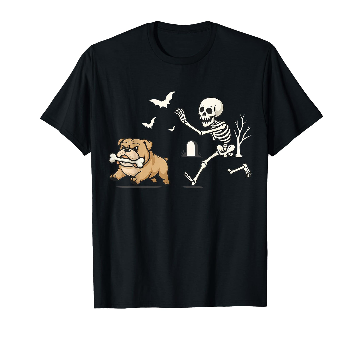 Funny Skeleton Chasing French Bulldog Halloween Skeleton Dog T-Shirt