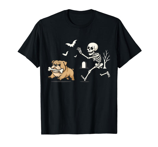 Funny Skeleton Chasing French Bulldog Halloween Skeleton Dog T-Shirt