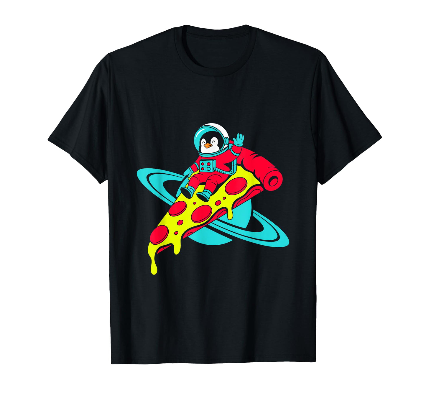 Penguin Astronaut Riding Pizza in Space T-Shirt